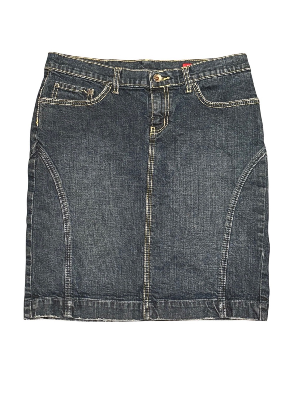 X2 Denim Laboratory Vintage Dark Wash Denim Mini Skirt with Contrast Stitching